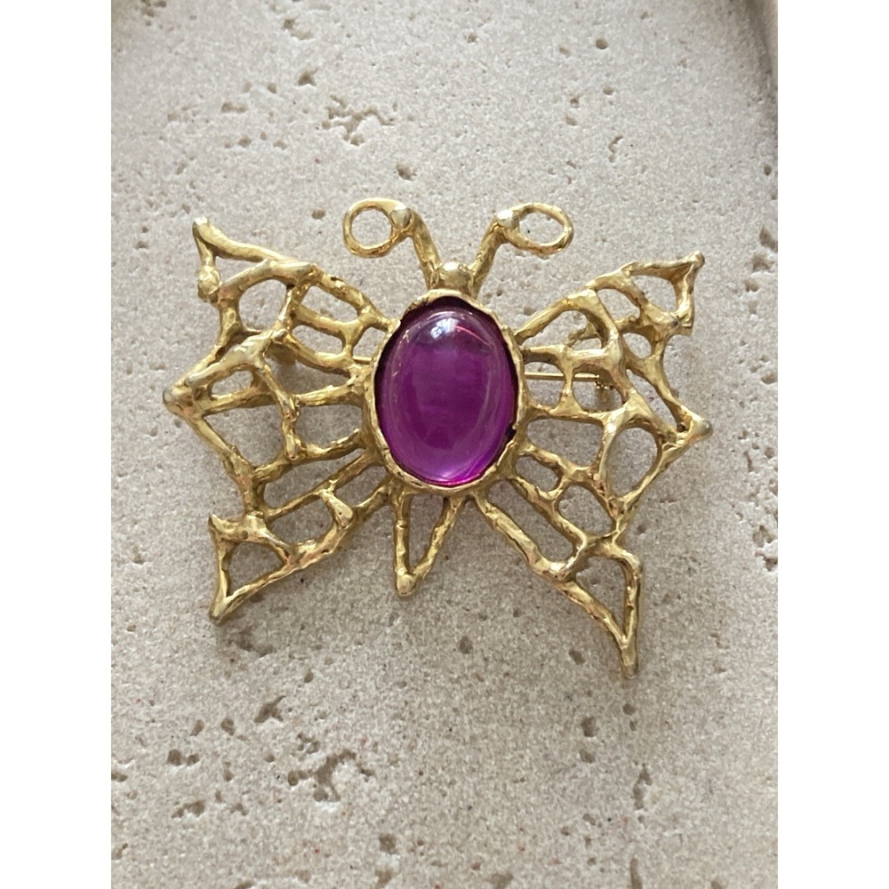 Butterfly Brooch Purple Cabochon Gold Tone‎ Openwork Statement Large Filagree